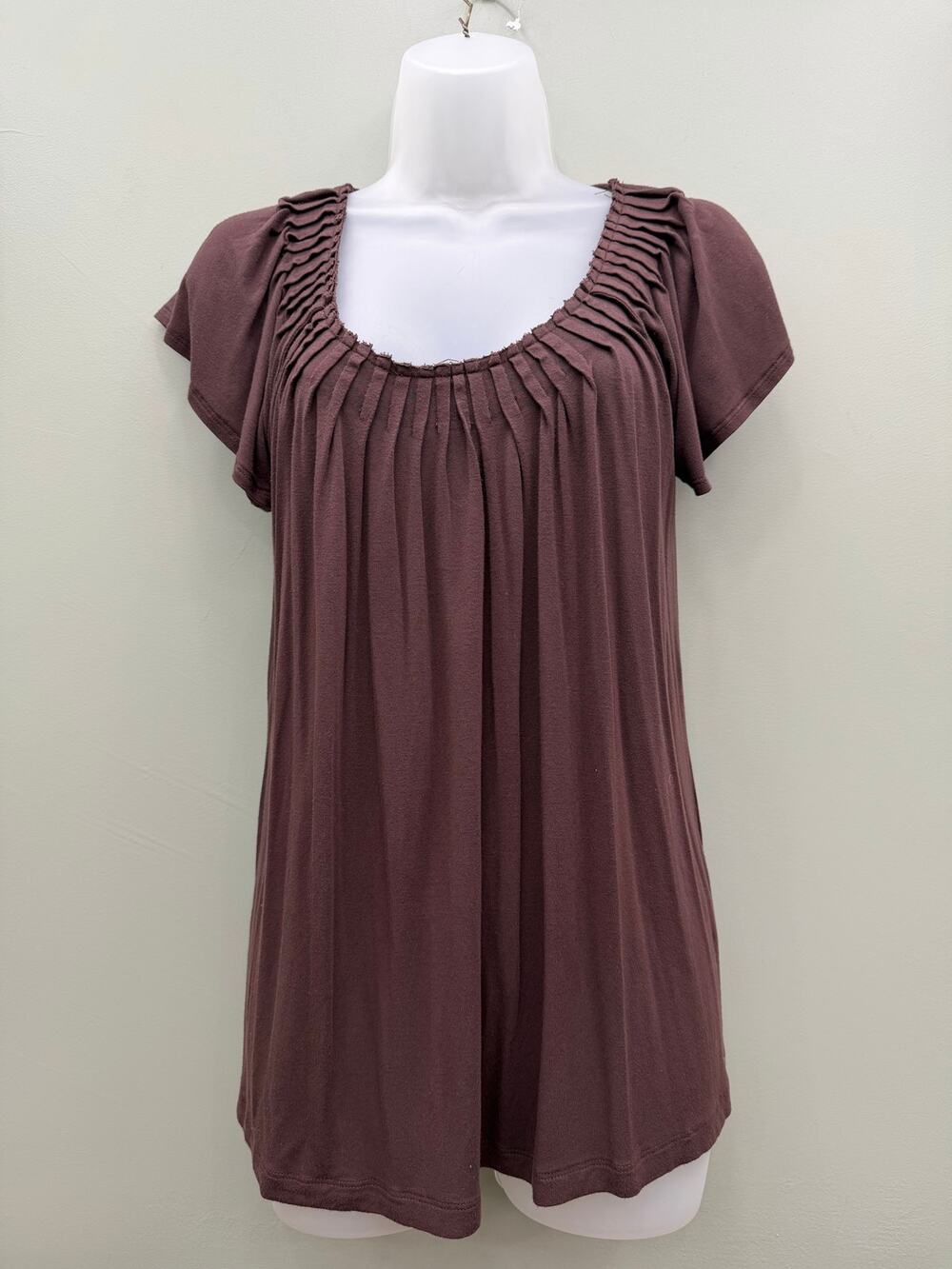 Cable & Gauge Brown Pleated Tunic Top Small Y2K Flutter Sleeve Stretch